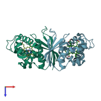 PDB entry 3tfd coloured by chain, top view.