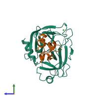 PDB entry 3tgk coloured by chain, side view.