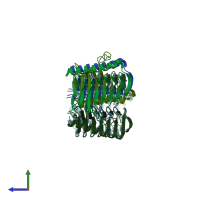 PDB entry 3tio coloured by chain, side view.