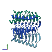 PDB entry 3tis coloured by chain, side view.
