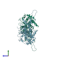 PDB entry 3tj0 coloured by chain, side view.