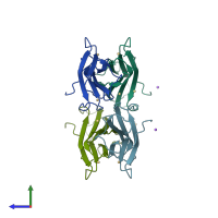 PDB entry 3tlr coloured by chain, side view.