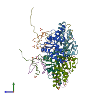 PDB entry 3tnd coloured by chain, side view.