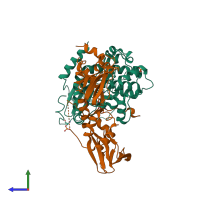PDB entry 3tnq coloured by chain, side view.