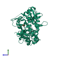 PDB entry 3tpe coloured by chain, side view.