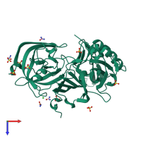 PDB entry 3tpj coloured by chain, top view.