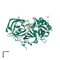 PDB entry 3tpp coloured by chain, top view.