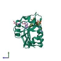 PDB entry 3tqb coloured by chain, side view.