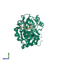 PDB entry 3tqh coloured by chain, side view.