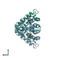 PDB entry 3tqj coloured by chain, side view.