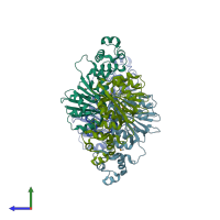 PDB entry 3tqs coloured by chain, side view.