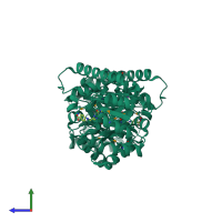 Homo dimeric assembly 2 of PDB entry 3tr9 coloured by chemically distinct molecules, side view.