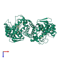Homo dimeric assembly 2 of PDB entry 3tr9 coloured by chemically distinct molecules, top view.