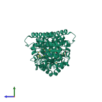 Homo dimeric assembly 3 of PDB entry 3tr9 coloured by chemically distinct molecules, side view.