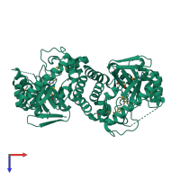 Homo dimeric assembly 3 of PDB entry 3tr9 coloured by chemically distinct molecules, top view.