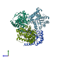 PDB entry 3tr9 coloured by chain, side view.
