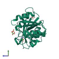 PDB entry 3trd coloured by chain, side view.