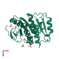 PDB entry 3trd coloured by chain, top view.