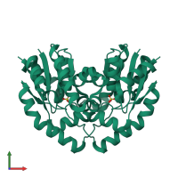 Homo dimeric assembly 2 of PDB entry 3trf coloured by chemically distinct molecules, front view.