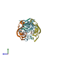 PDB entry 3ts2 coloured by chain, side view.