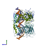 PDB entry 3ts8 coloured by chain, side view.