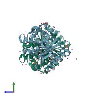 PDB entry 3tsg coloured by chain, side view.