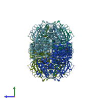 PDB entry 3ttv coloured by chain, side view.
