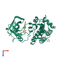 PDB entry 3tuc coloured by chain, top view.