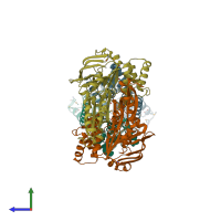 PDB entry 3tuj coloured by chain, side view.