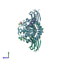 PDB entry 3tv8 coloured by chain, side view.