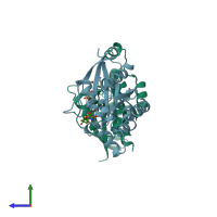 PDB entry 3tvd coloured by chain, side view.
