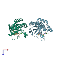 PDB entry 3tvd coloured by chain, top view.