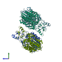 PDB entry 3tw0 coloured by chain, side view.