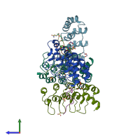 PDB entry 3twv coloured by chain, side view.