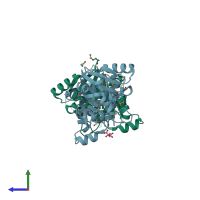 PDB entry 3tzt coloured by chain, side view.