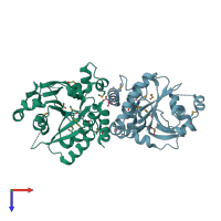 PDB entry 3tzt coloured by chain, top view.