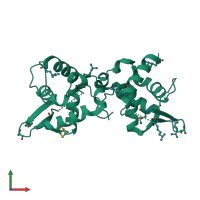 Homo dimeric assembly 1 of PDB entry 3u21 coloured by chemically distinct molecules, front view.