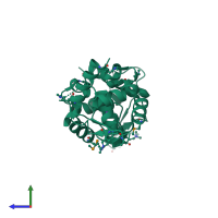 Homo dimeric assembly 1 of PDB entry 3u21 coloured by chemically distinct molecules, side view.