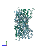 PDB entry 3ua3 coloured by chain, side view.