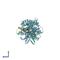 PDB entry 3uan coloured by chain, side view.