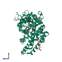 PDB entry 3uas coloured by chain, side view.