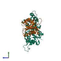 PDB entry 3ub5 coloured by chain, side view.
