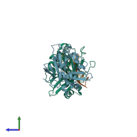 PDB entry 3uby coloured by chain, side view.