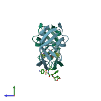PDB entry 3ucb coloured by chain, side view.