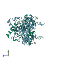 PDB entry 3ucm coloured by chain, side view.