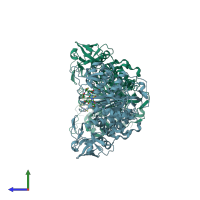 PDB entry 3ue1 coloured by chain, side view.