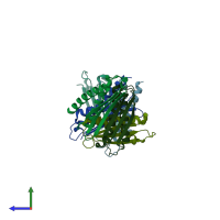 PDB entry 3ueb coloured by chain, side view.
