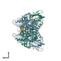 PDB entry 3uet coloured by chain, side view.