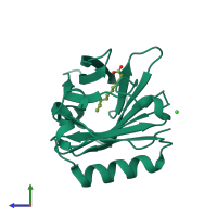 PDB entry 3ueu coloured by chain, side view.
