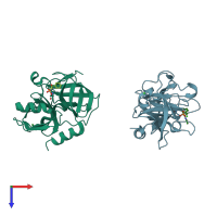 PDB entry 3ufa coloured by chain, top view.